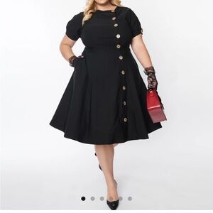 Unique Vintage Black Button-Front Midi Dress